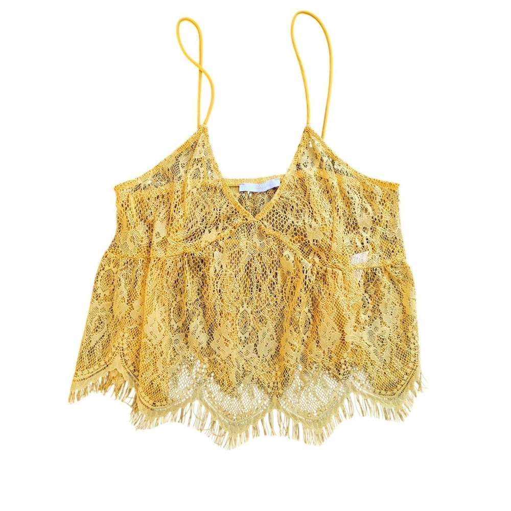 Zara NWOT Mustard Yellow Lace Camisole Top Sheer Ruffle Eyelash Hem